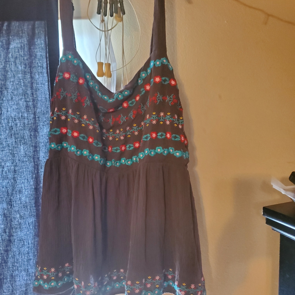 Torrid Brown Top with Red and Blue Floral Embroidery
